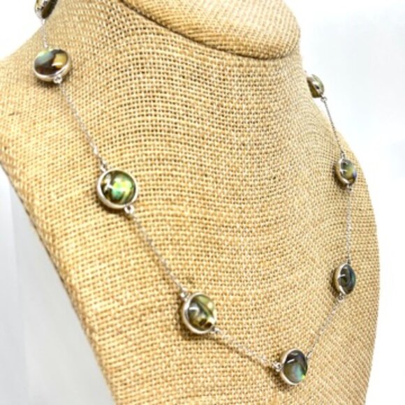 ABALONE SHELL MOTHER OF PEARL 925 STERLING SILVER STATION LINK NECKLACE 18" - Picture 8 of 16